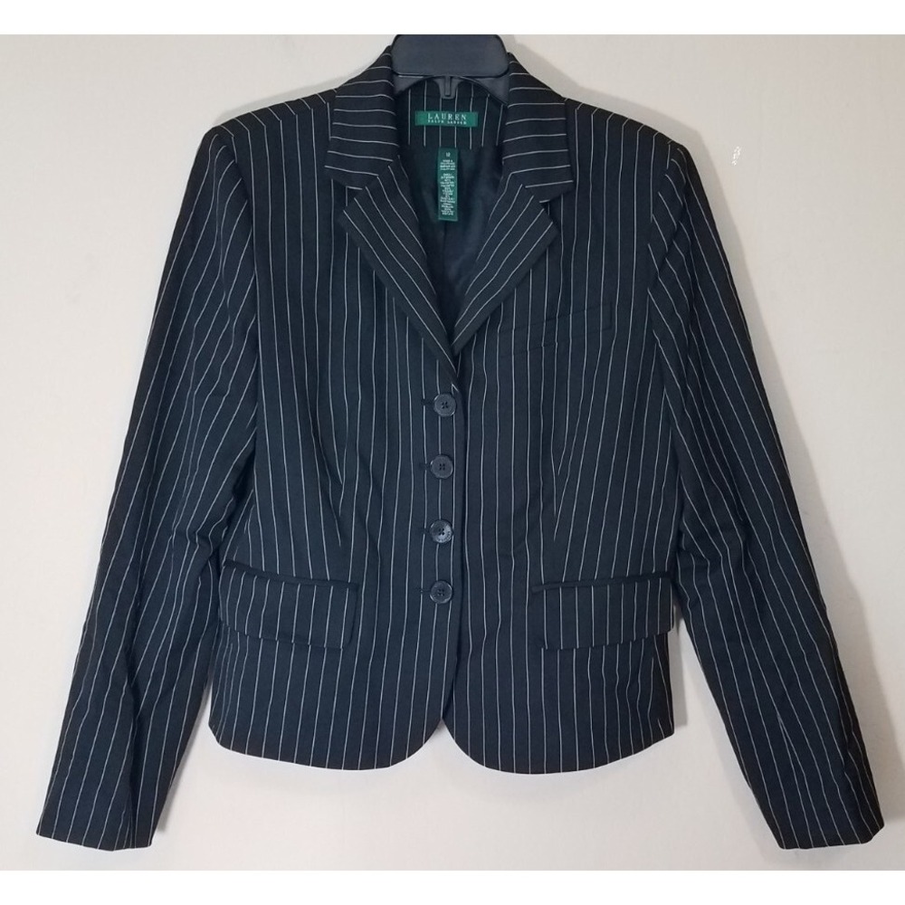 Lauren Ralph Lauren Black & White‎ Blazer Women Size 12 Peplum Jacket 4 Buttons
